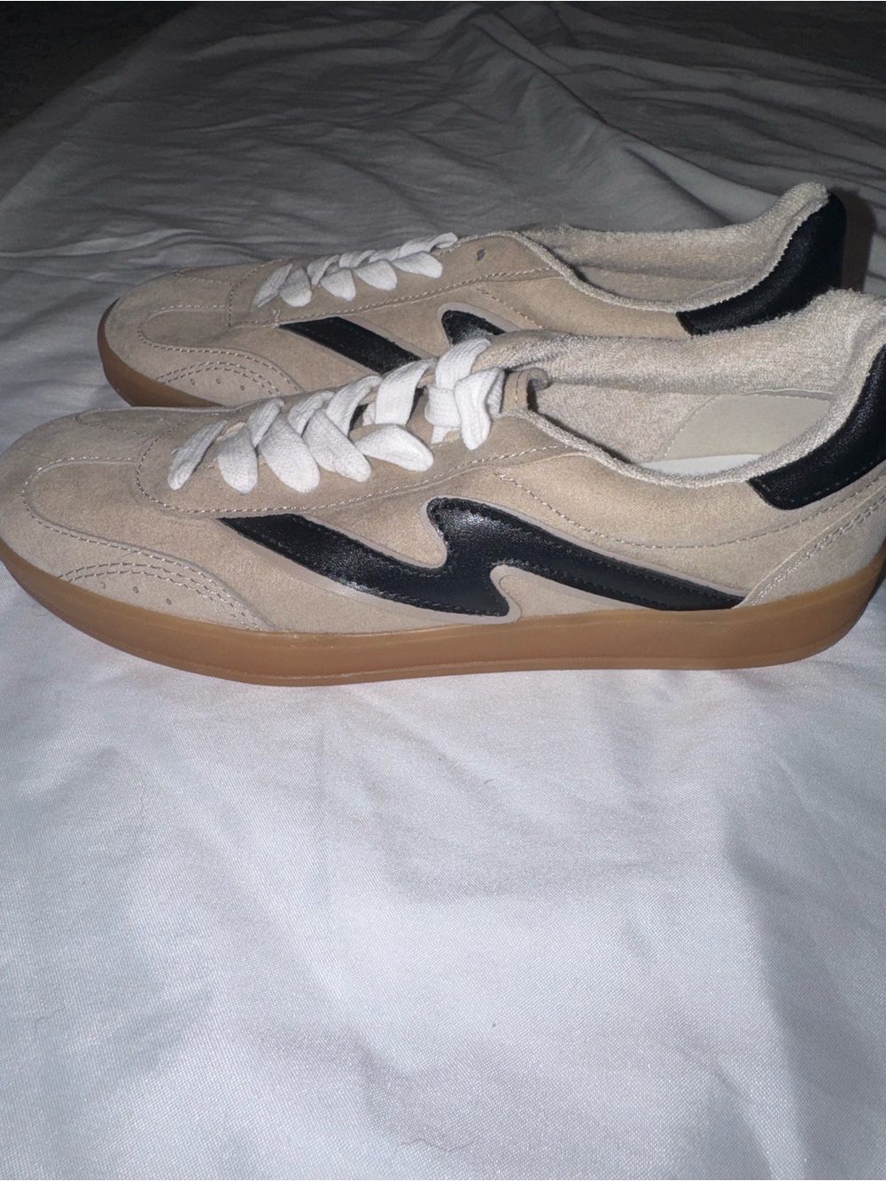 Madden Girl Beige Suede Sneakers with Black Accent and Gum Sole